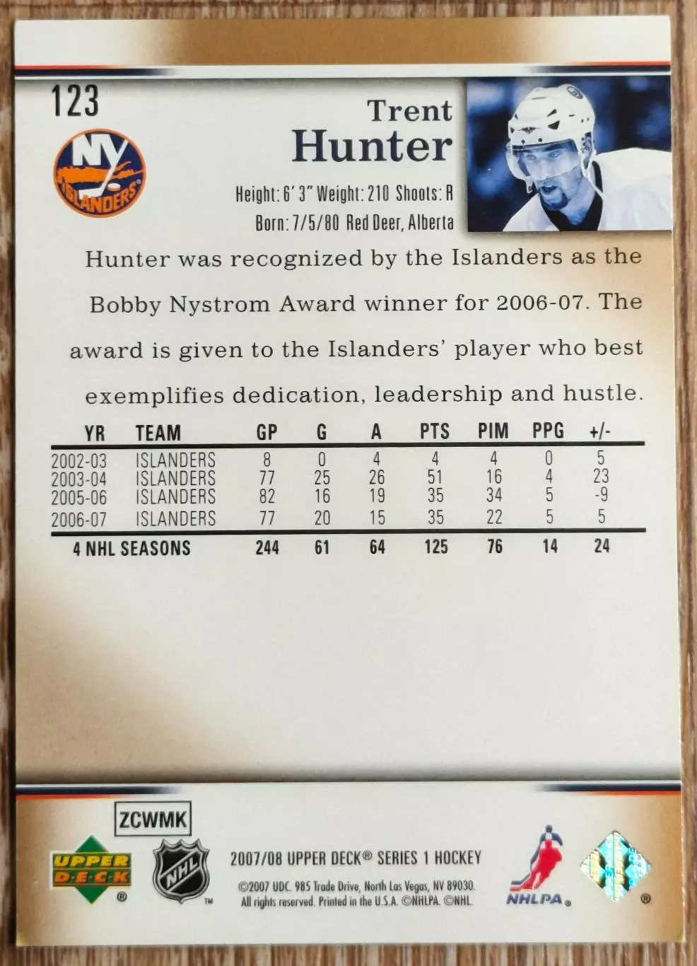 Карточка NHL. Трент Хантер/Trent Hunter Нью-Йорк Айлендерс 1