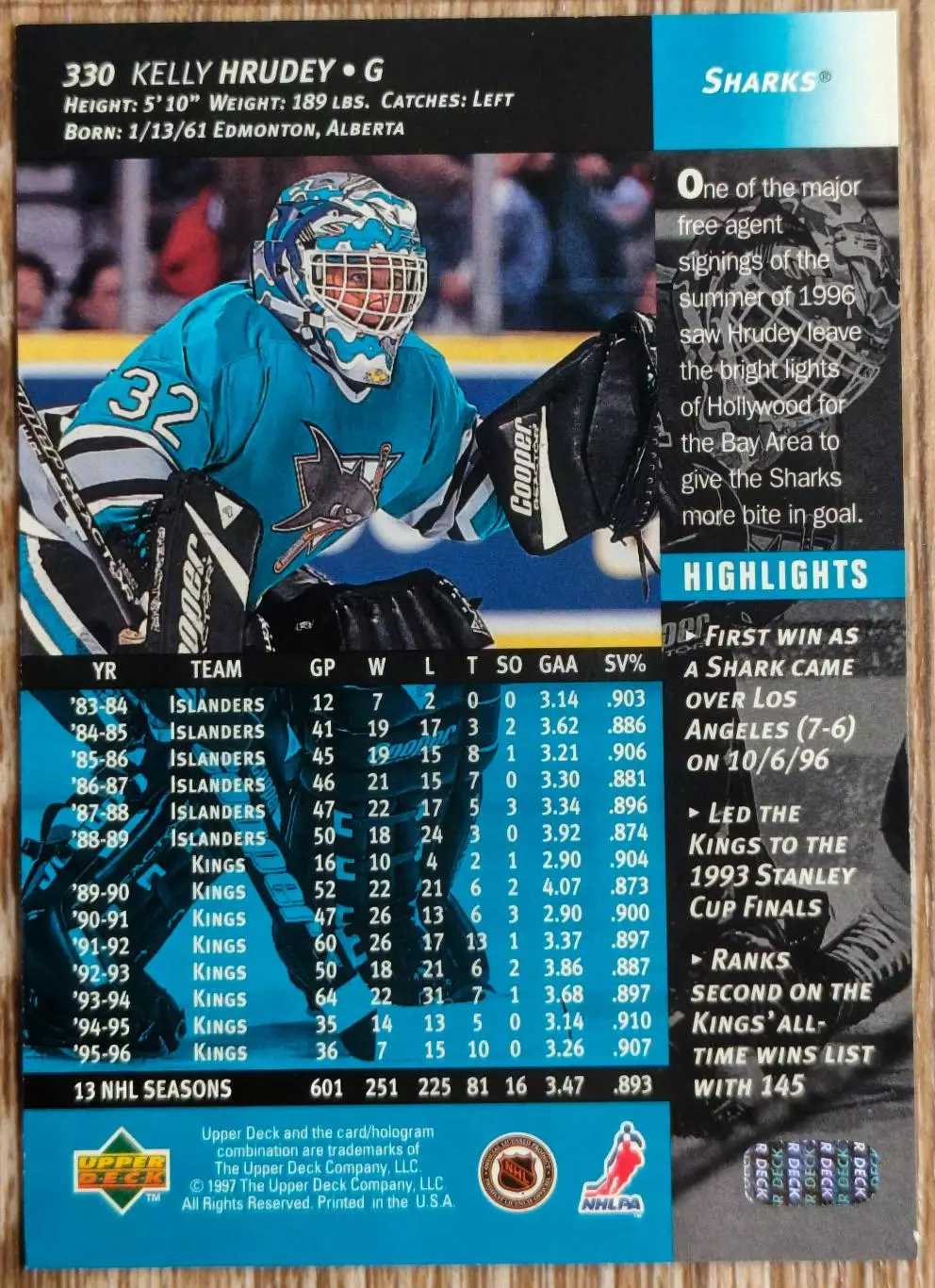 Карточка NHL. Келли Хруди/Kelly Hrudey Сан-Хосе 1