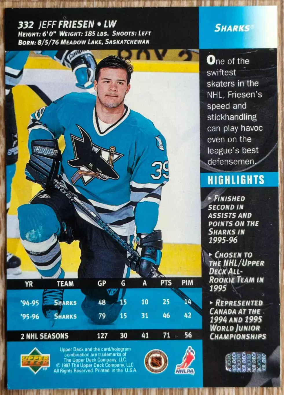 Карточка NHL. Джефф Фризен/Jeff Friesen Сан-Хосе 1