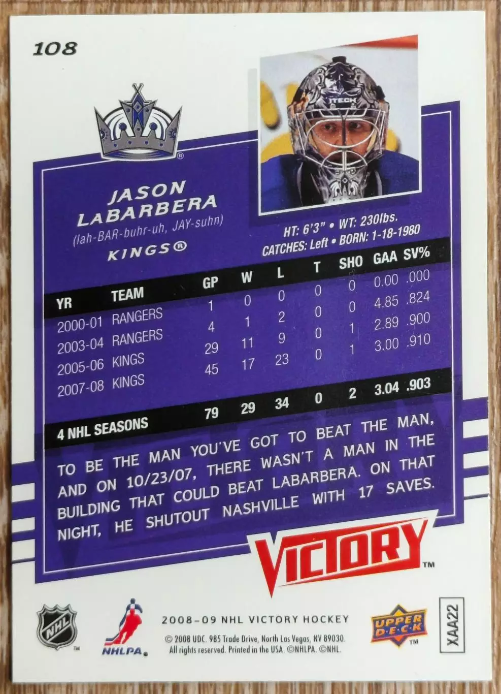 Карточка NHL. Джейсон Лабарбера/Jason LaBarbera Лос-Анджелес 1