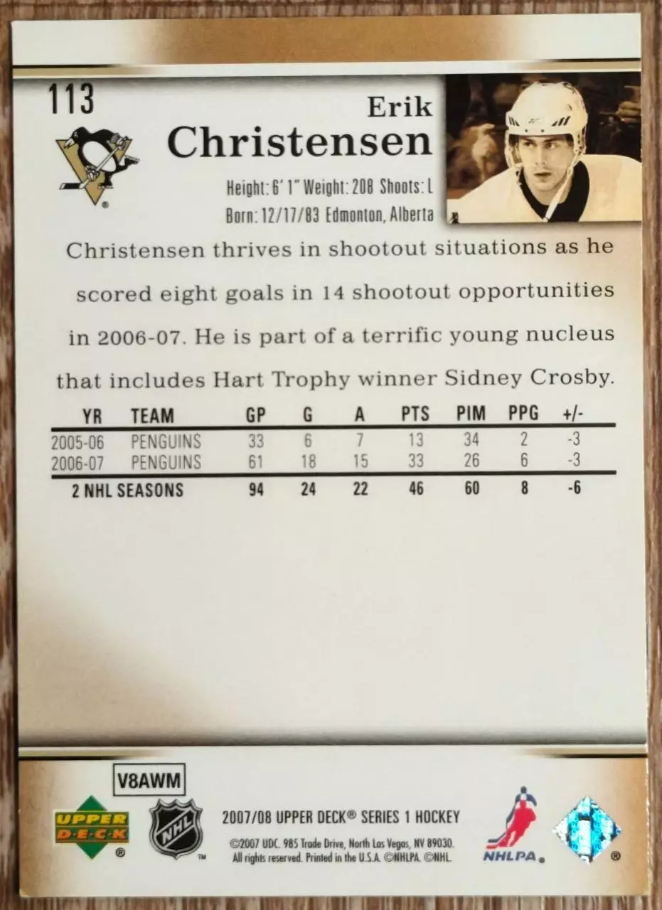 Карточка NHL. Эрик Кристенсен/Erik Christesen Питтсбург 1