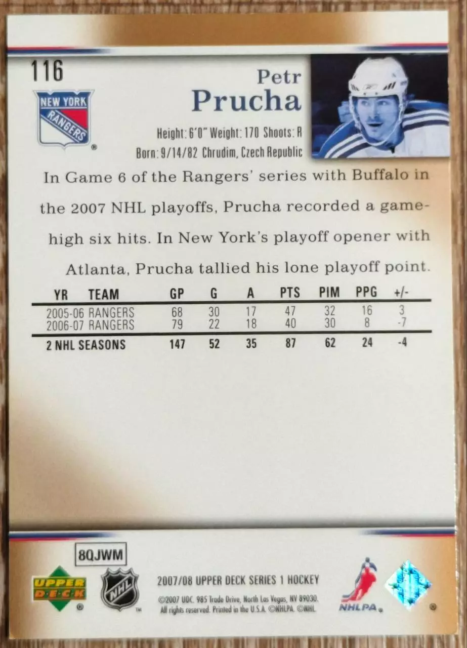 Карточка NHL. Петр Пруха/Petr Prucha Нью-Йорк Рейнджерс 1