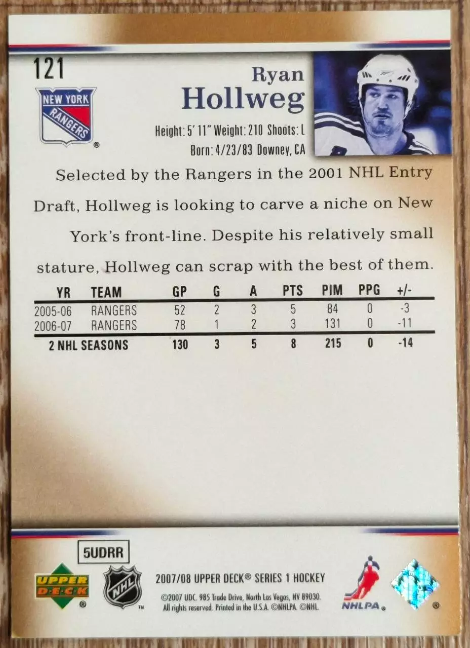 Карточка NHL. Райан Холлвег/Ryan Hollweg Нью-Йорк Рейнджерс 1