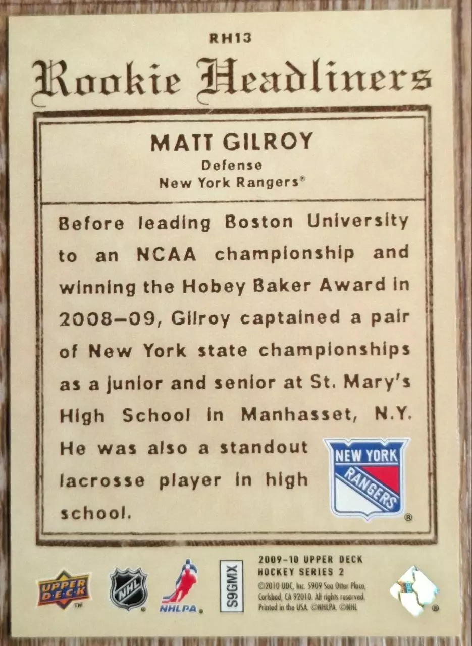 Карточка NHL. Мэттью Гилрой/Matt Gilroy Нью-Йорк Рейнджерс 1