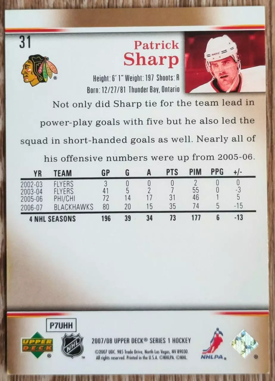 Карточка NHL. Патрик Шарп/Patrick Sharp Чикаго 1