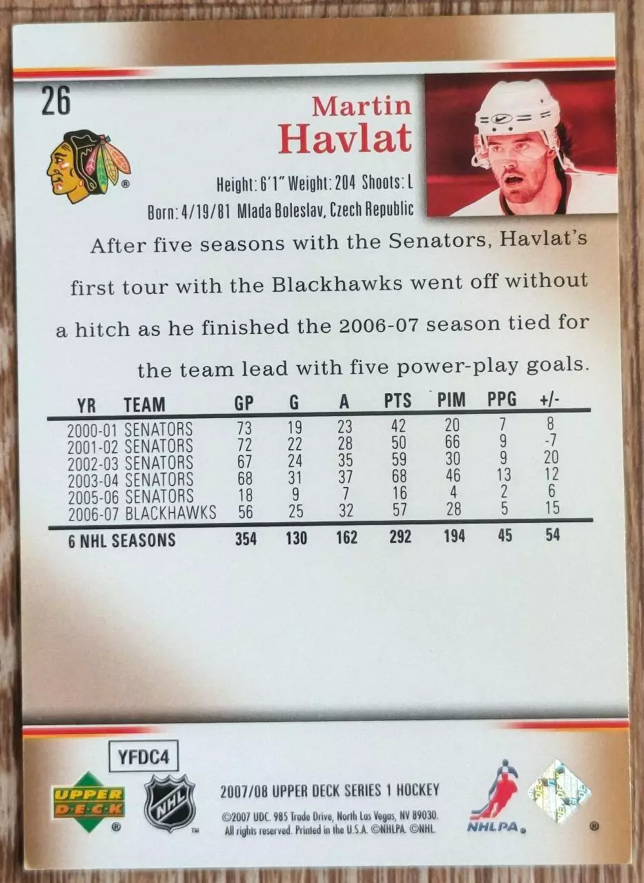 Карточка NHL. Мартин Гавлат/Martin Havlat Чикаго 1