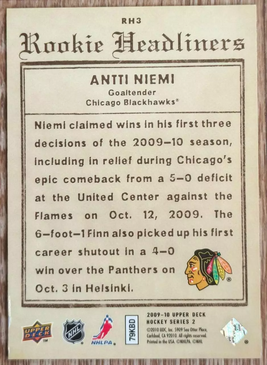 Карточка NHL. Антти Ниеми/Antti Niemi Чикаго 1