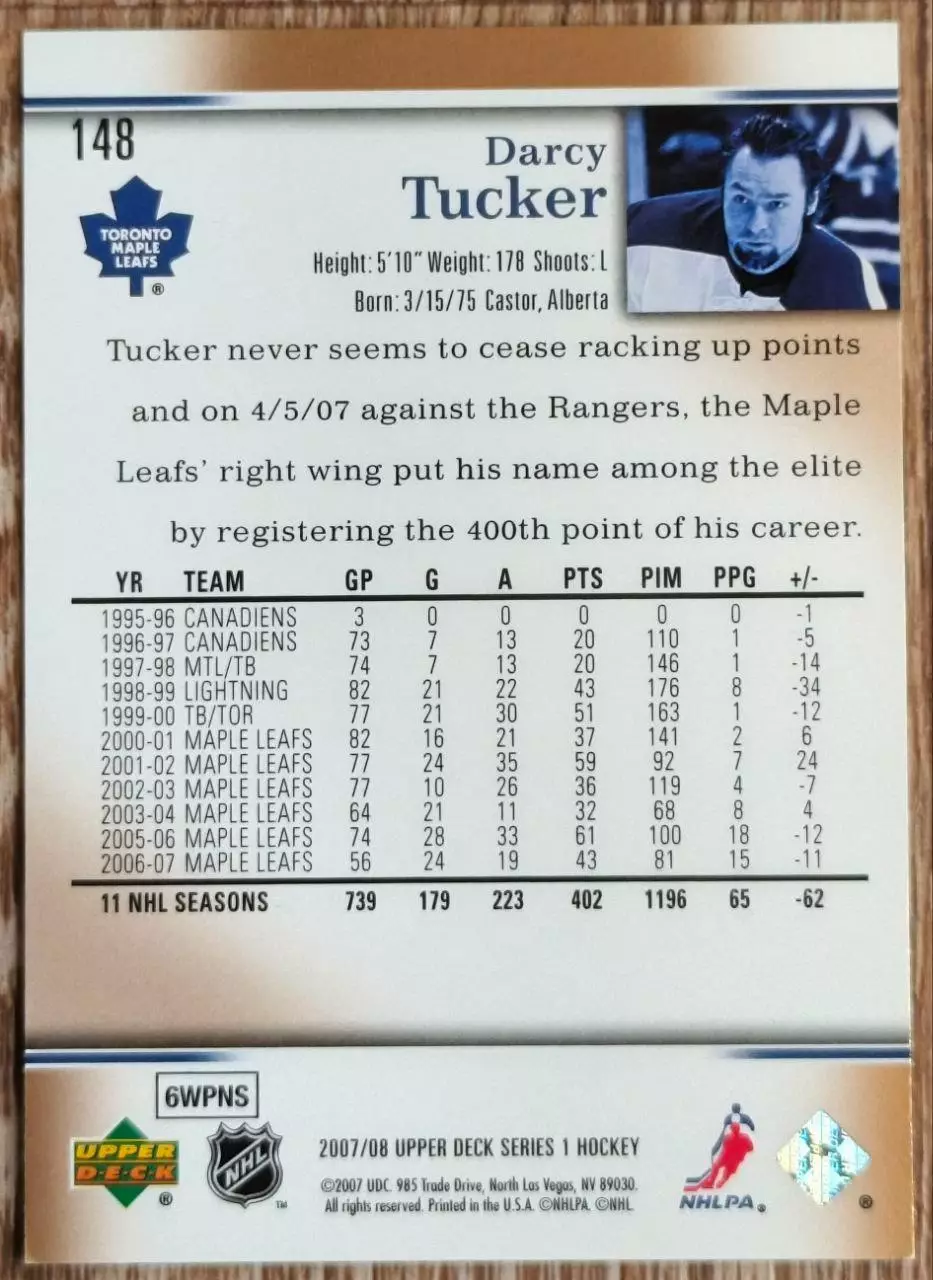 Карточка NHL. Дарси Такер/Darcy Tucker Торонто 1