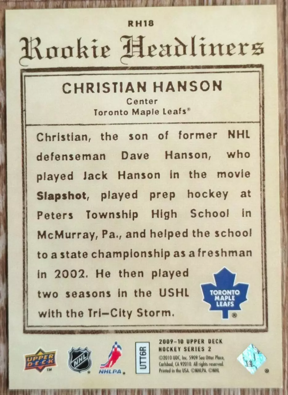 Карточка NHL. Кристиан Хэнсон/Christian Hanson Торонто 1