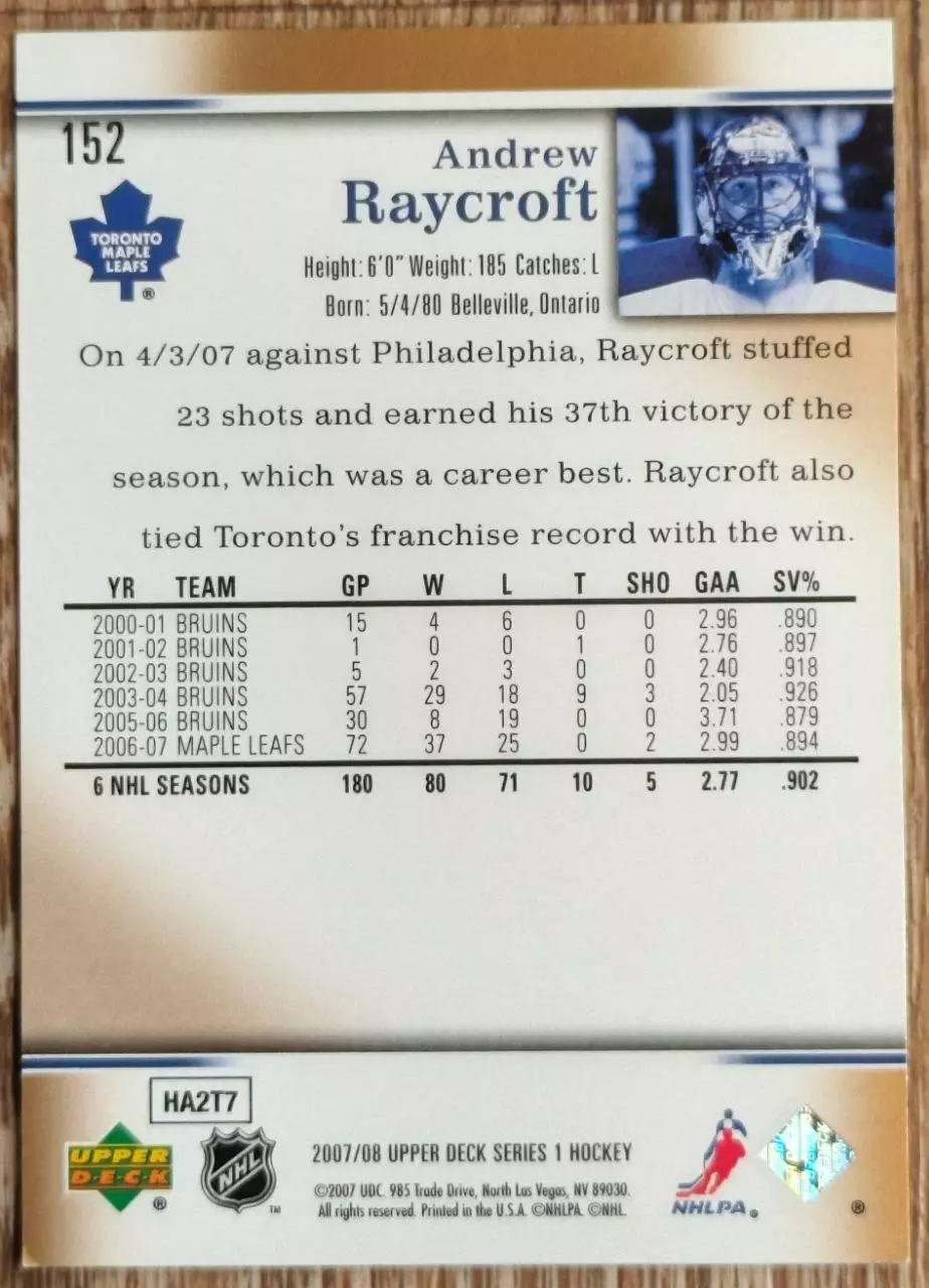 Карточка NHL. Эндрю Рэйкрофт/Andrew Raycroft Торонто 1