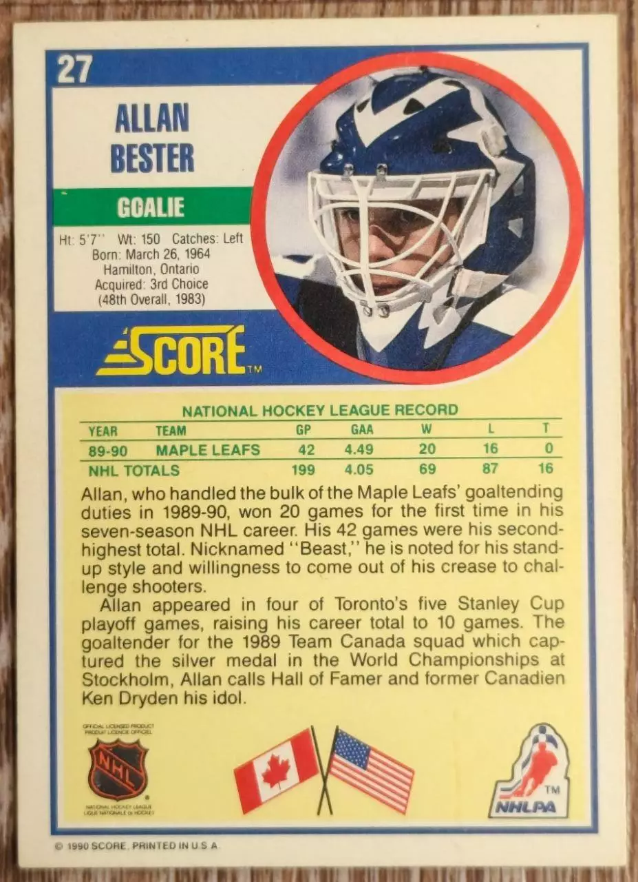 Карточка NHL. Аллан Бестер/Allan Bester Торонто 1