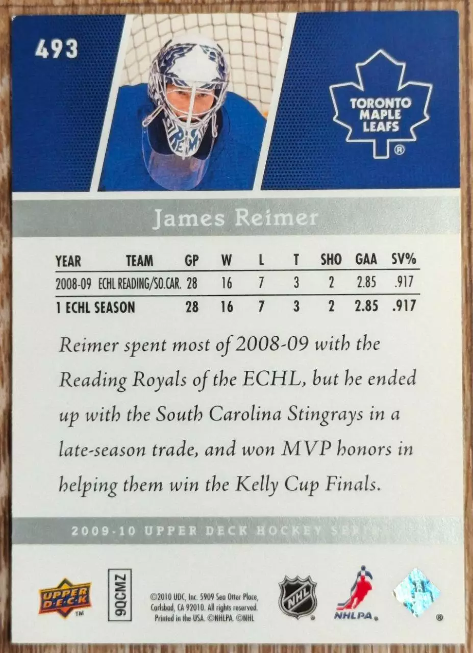 Карточка NHL. Джеймс Раймер/James Reimer Торонто 1