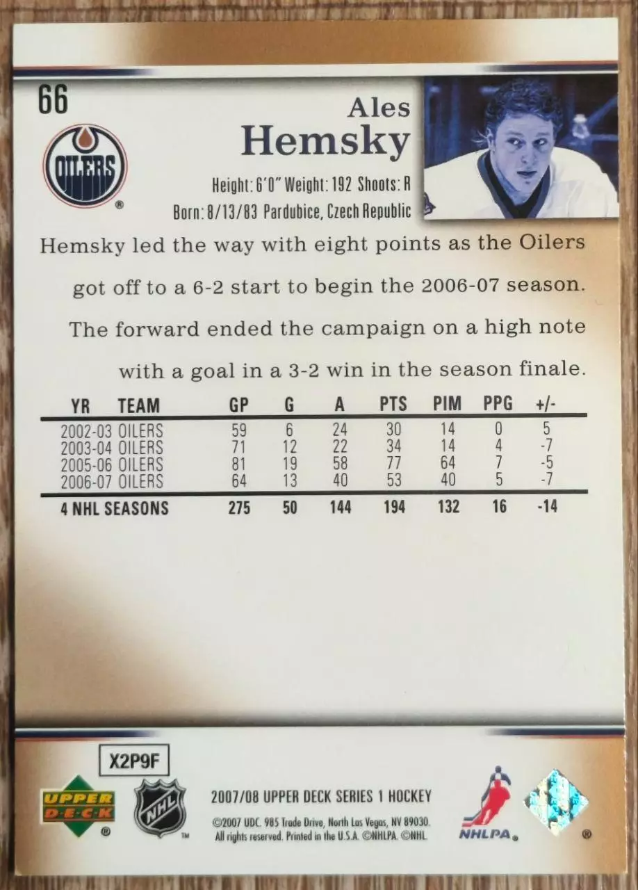 Карточка NHL. Алеш Гемски/Ales Hemsky Эдмонтон 1