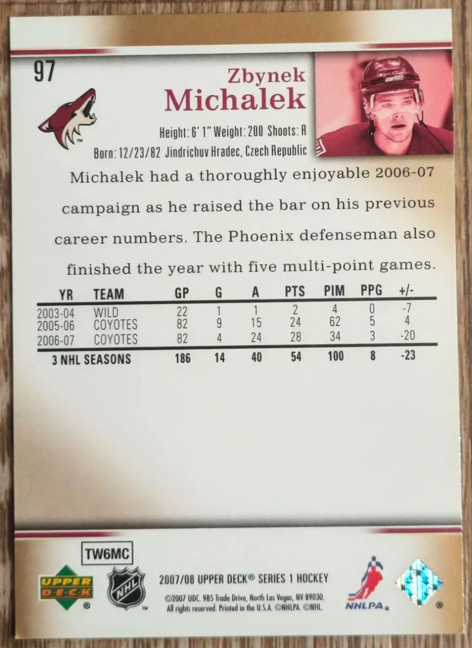 Карточка NHL. Збынек Михалек/Zbynek Michalek Финикс 1