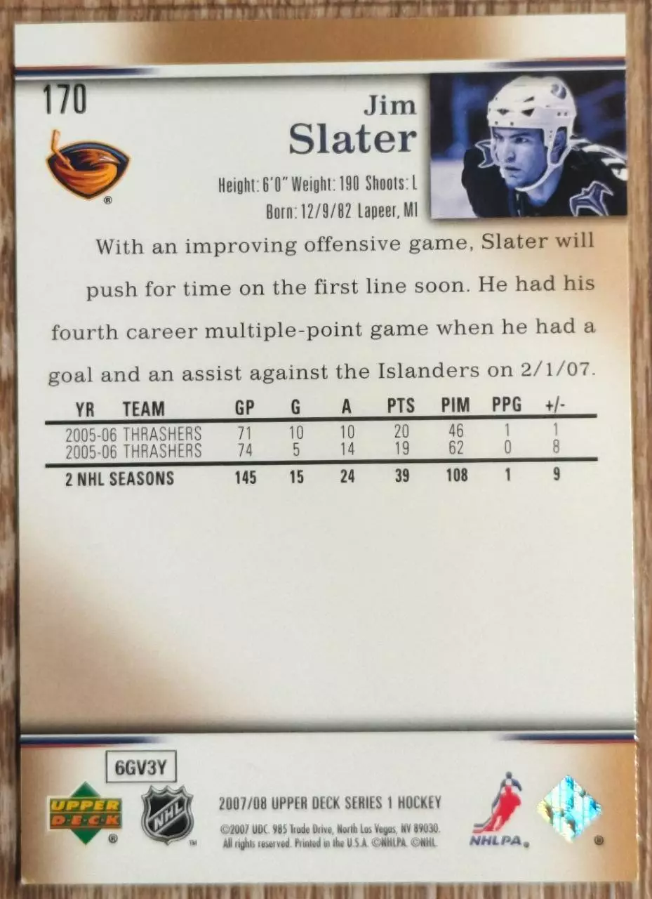 Карточка NHL. Джим Слэйтер/Jim Slater Атланта 1