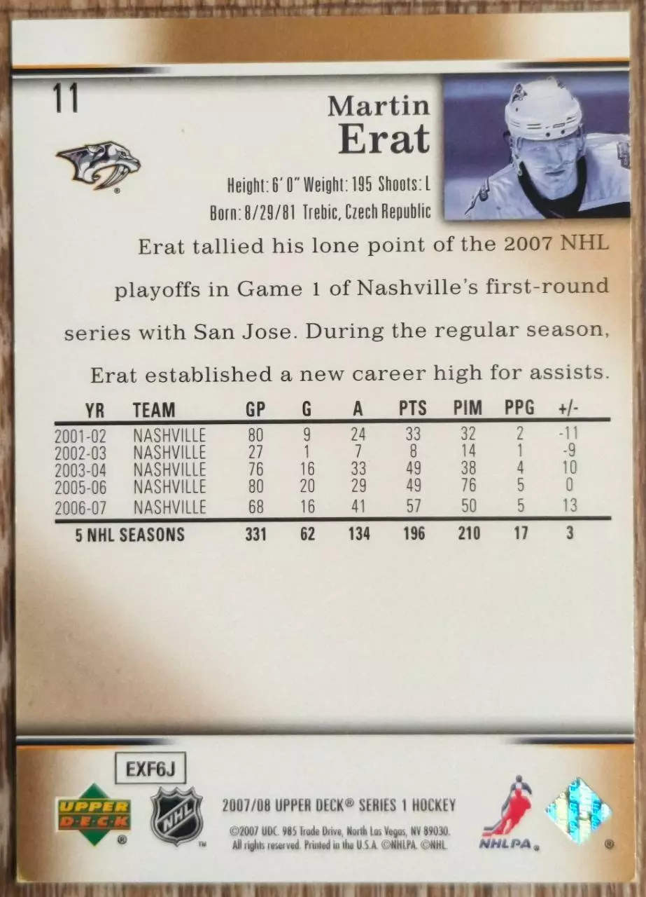 Карточка NHL. Мартин Эрат/Martin Erat Нэшвилл 1