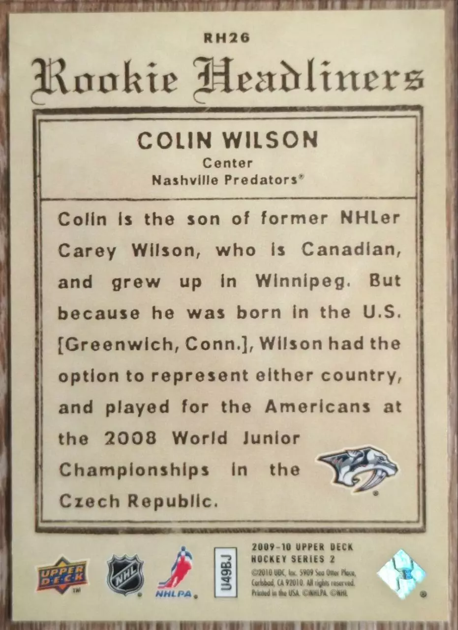 Карточка NHL. Колин Уилсон/Colin Wilson Нэшвилл 1