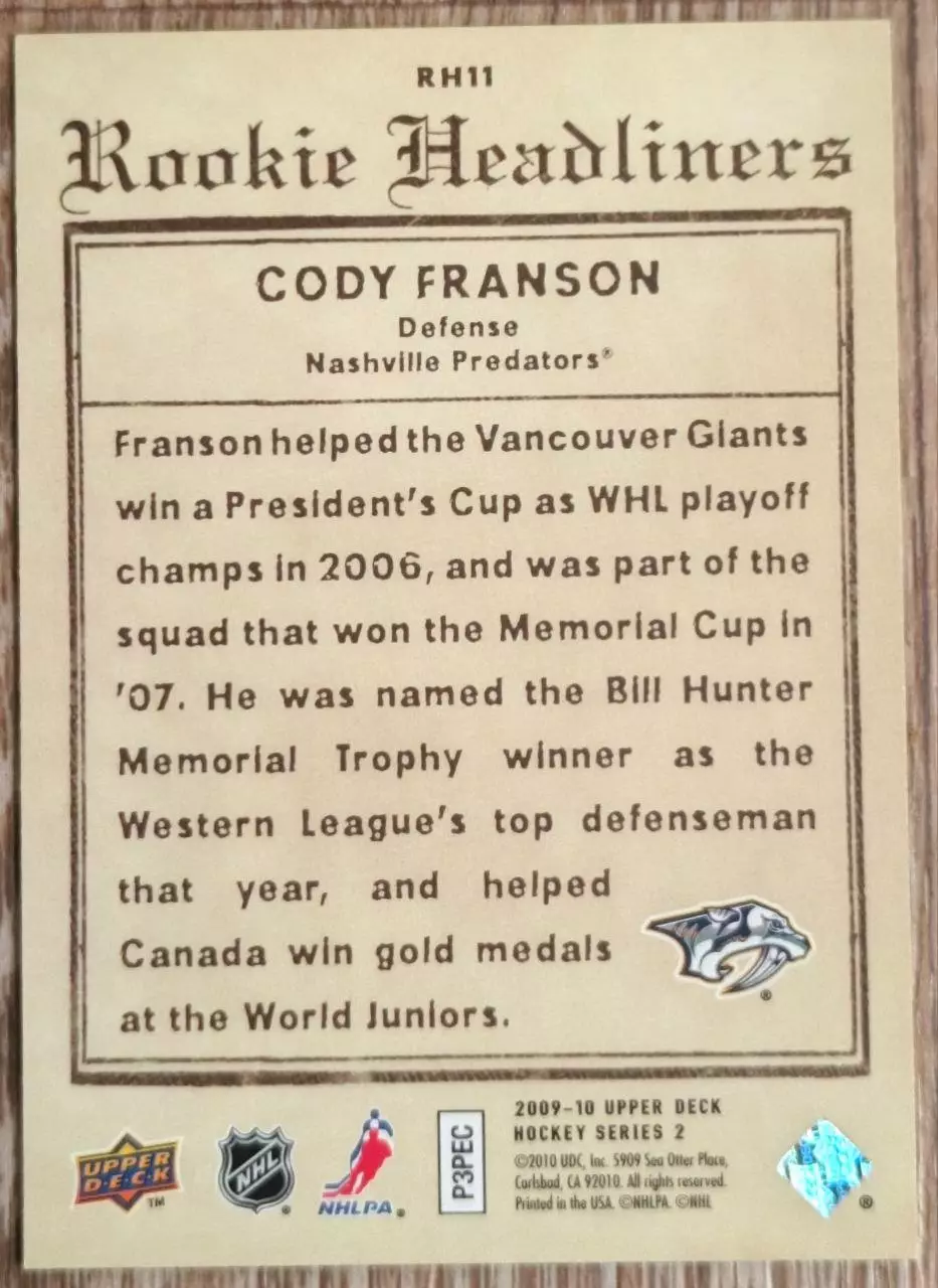 Карточка NHL. Коди Франсон/Cody Franson Нэшвилл 1