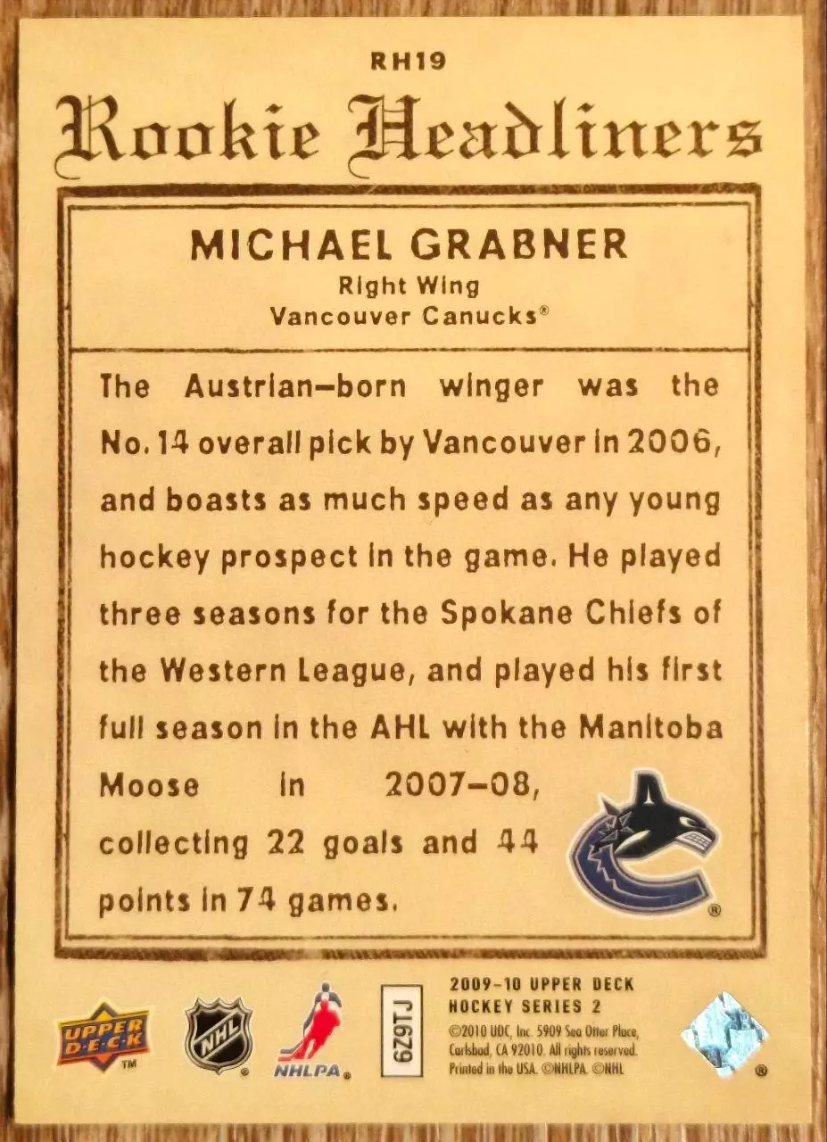 Карточка NHL. Михаэль Грабнер/Michael Grabner Ванкувер 1