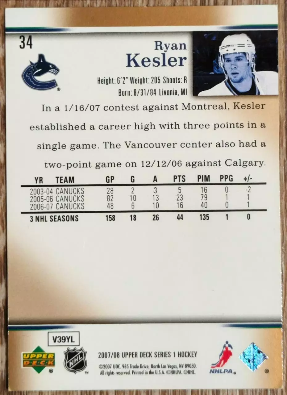 Карточка NHL. Райан Кеслер/Ryan Kesler Ванкувер 1