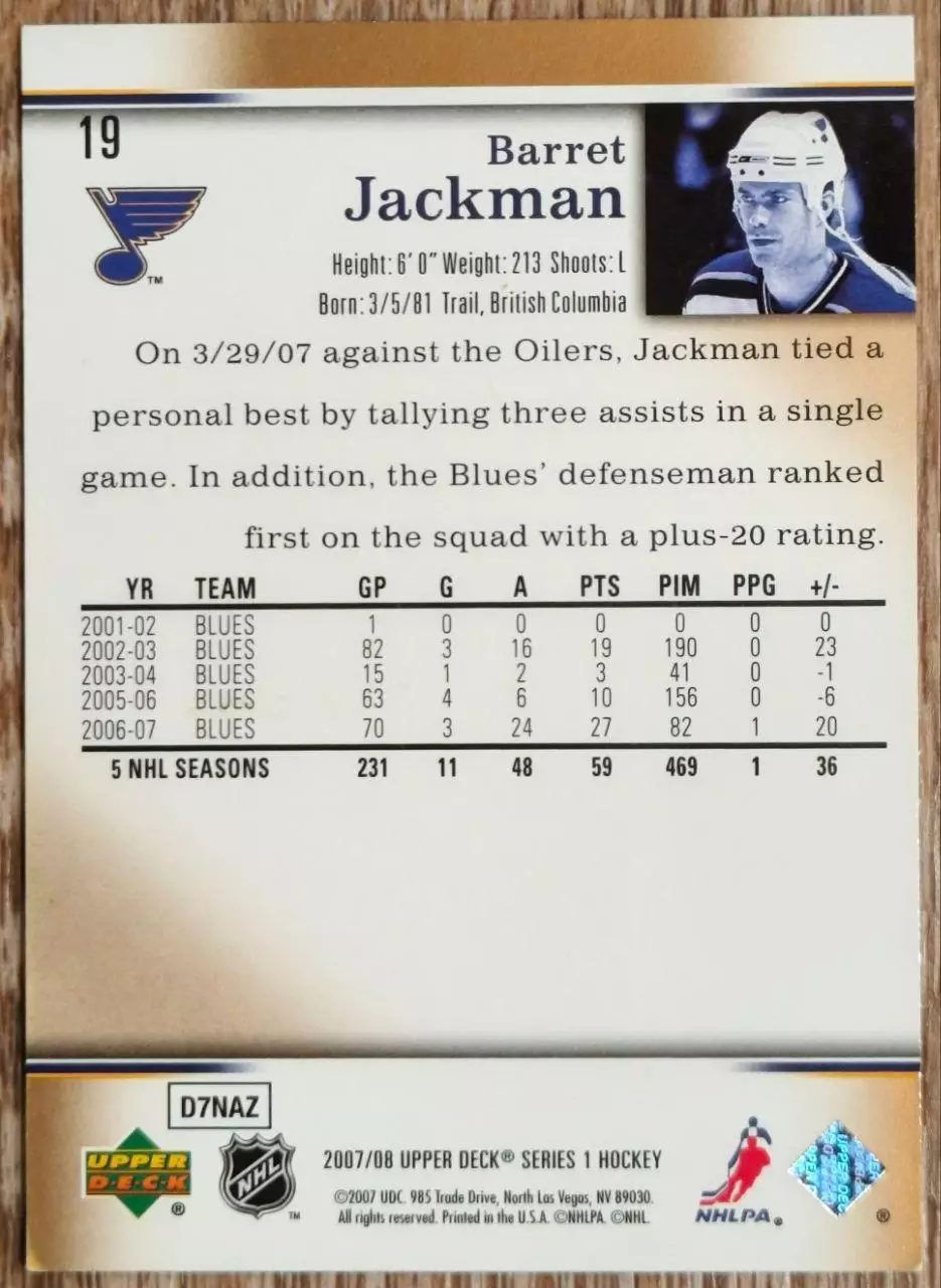 Карточка NHL. Баррет Джекман/Barret Jackman Сент-Луис 1