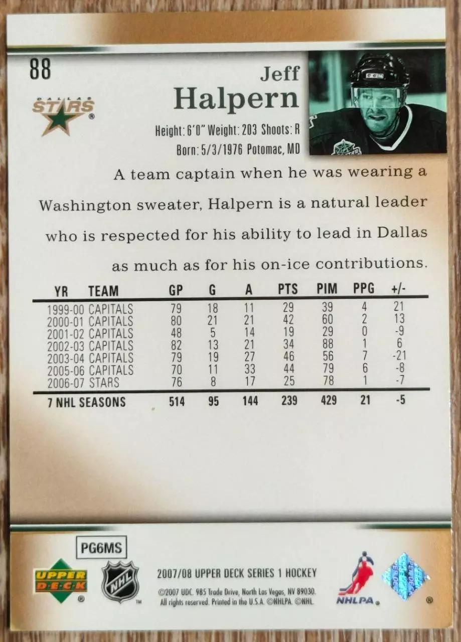 Карточка NHL. Джефф Халперн/Jeff Halpern Даллас 1