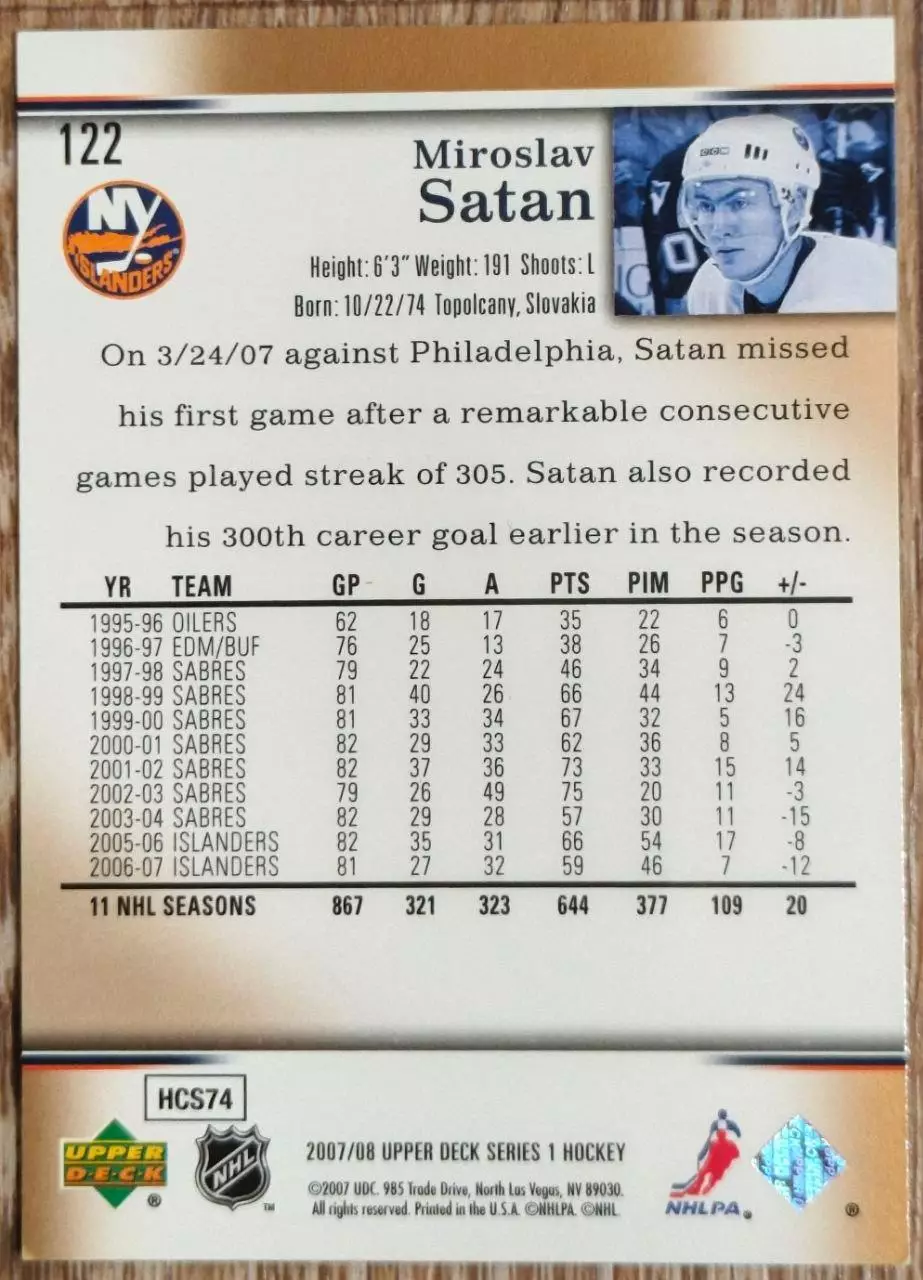 Карточка NHL. Мирослав Шатан/Miroslav Satan Нью-Йорк Айлендерс 1