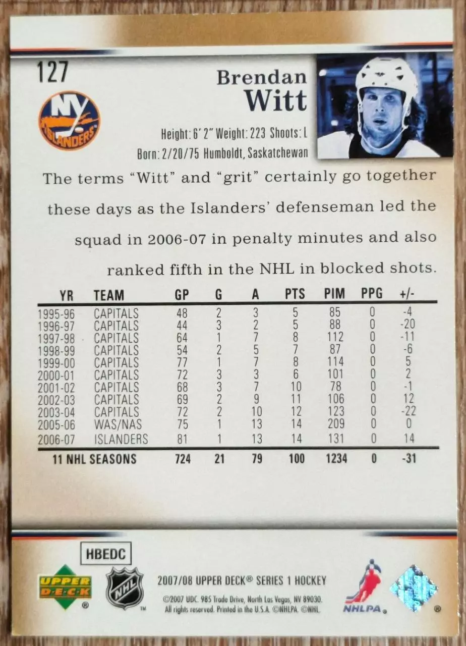 Карточка NHL. Брендан Уитт/Brendan Witt Нью-Йорк Айлендерс 1