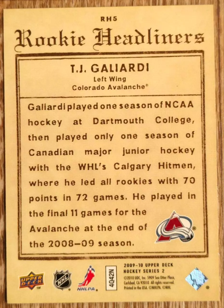 Карточка NHL. Ти Джей Гальярди/T.J. Galiardi Колорадо 1
