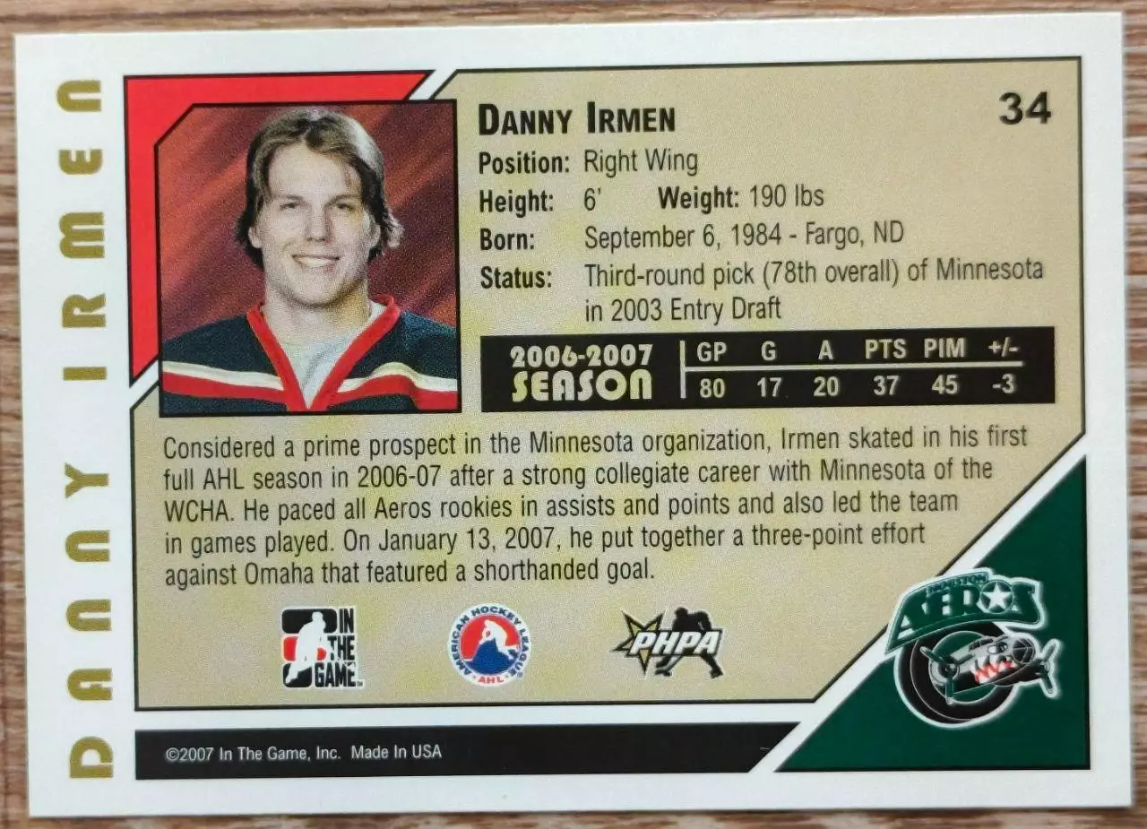 Карточка NHL. Дэнни Ирмен/Danny Irmen Хьюстон/Houston 1