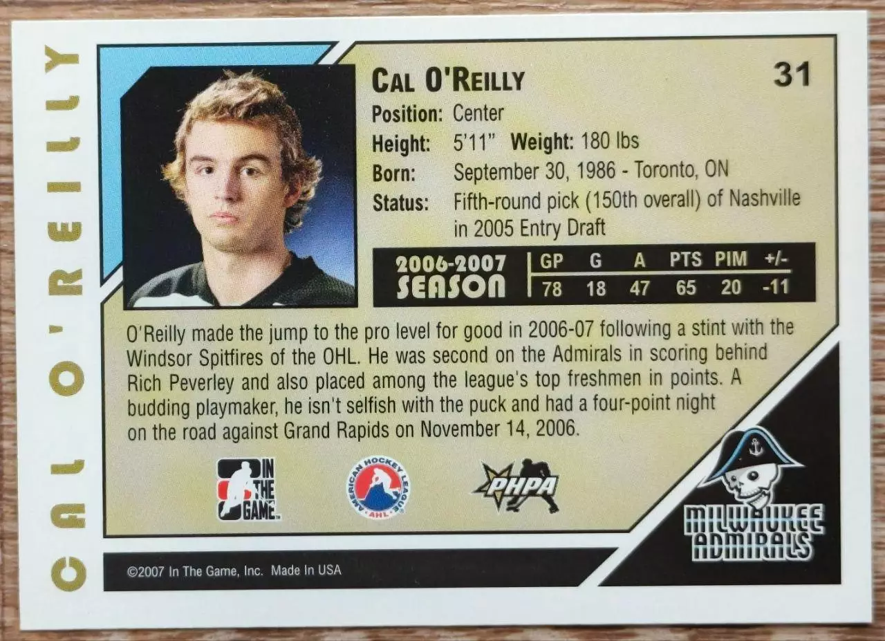 Карточка NHL. Кэл О’Райли/Cal O’Reilly Милуоки/Milwaukee 1