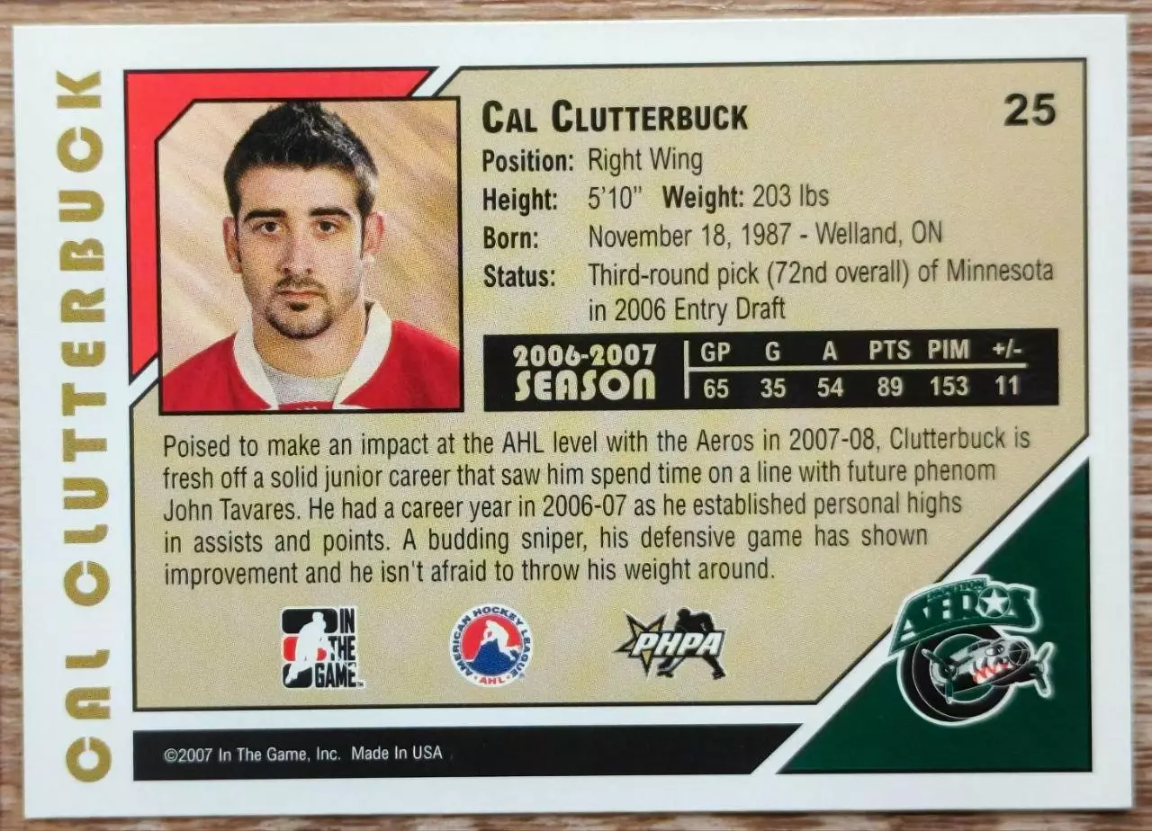 Карточка NHL. Кэл Клаттербак/Cal Clutterbuck Хьюстон/Houston 1