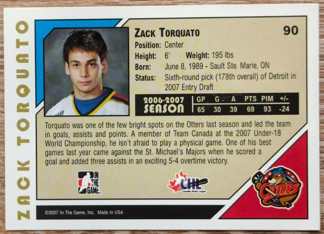 Карточка NHL. Зак Торкуато/Zack Torquato Эри/Erie 1