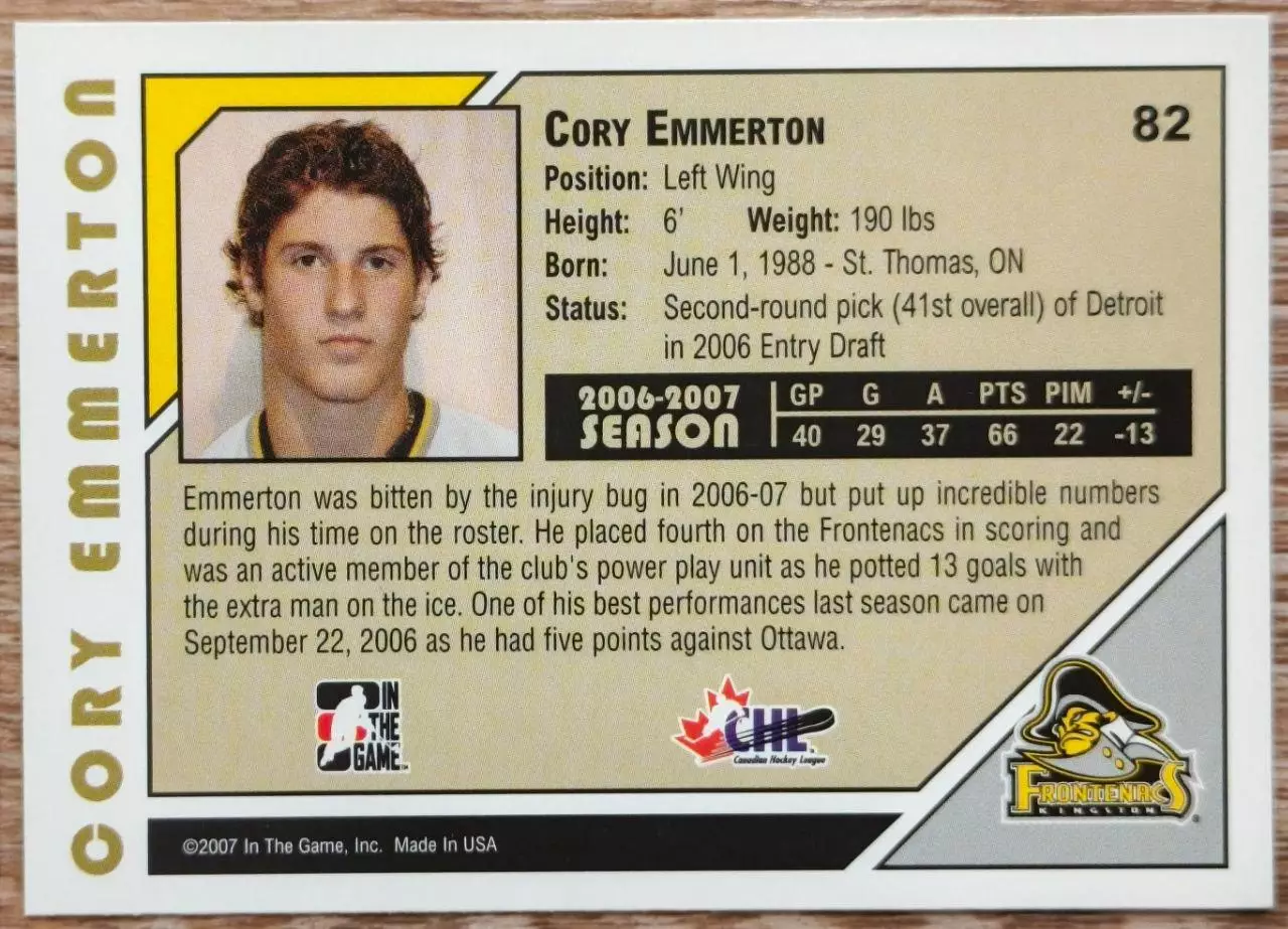 Карточка NHL. Кори Эммертон/Cory Emmerton Кингстон/Kingston 1