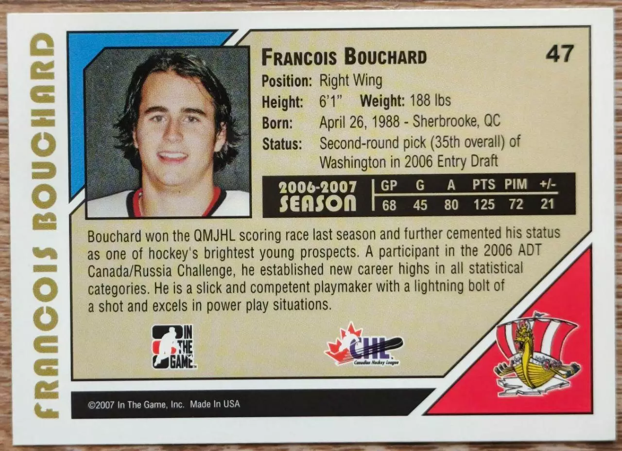 Карточка NHL. Франсуа Бушар/Francois Bouchard Байе-Комо/Baie-Comeau 1