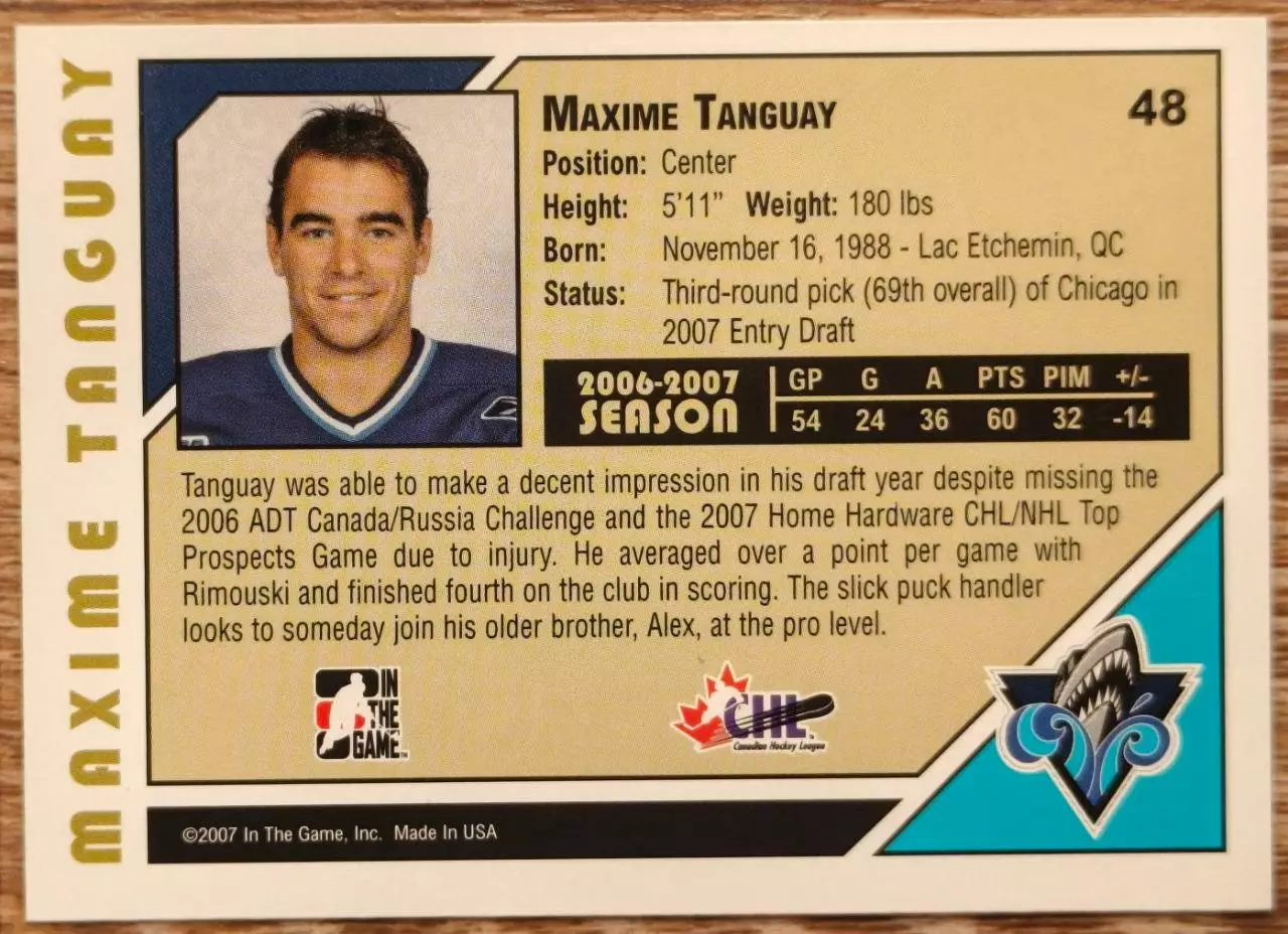 Карточка NHL. Максим Тангуэй/Maxime Tanguay Римуски/Rimouski 1