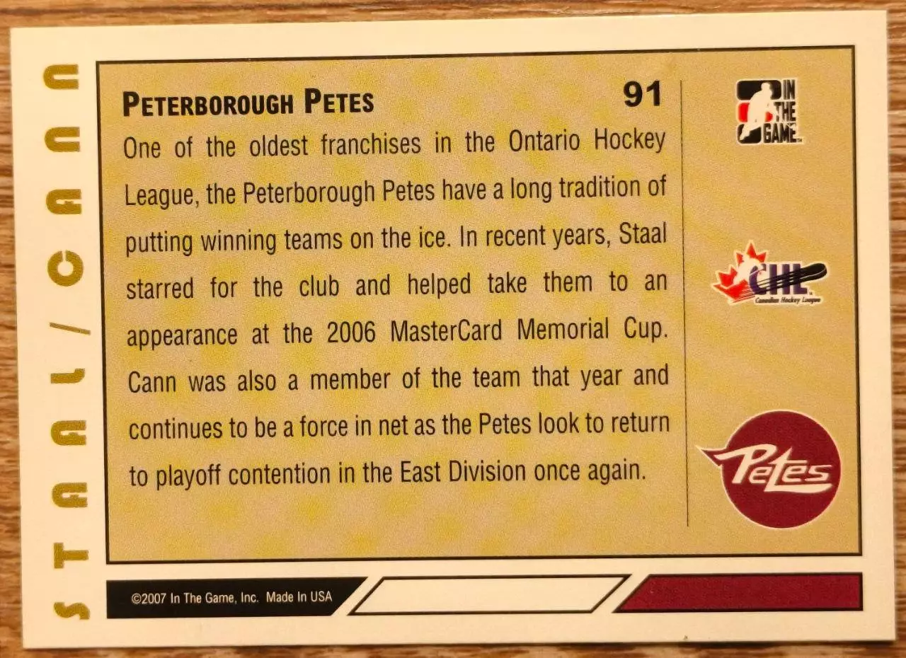 Карточка NHL. Джордан Стаал/Тревор Кэнн Jordan Staal/Trevor Cann Петерборо 1