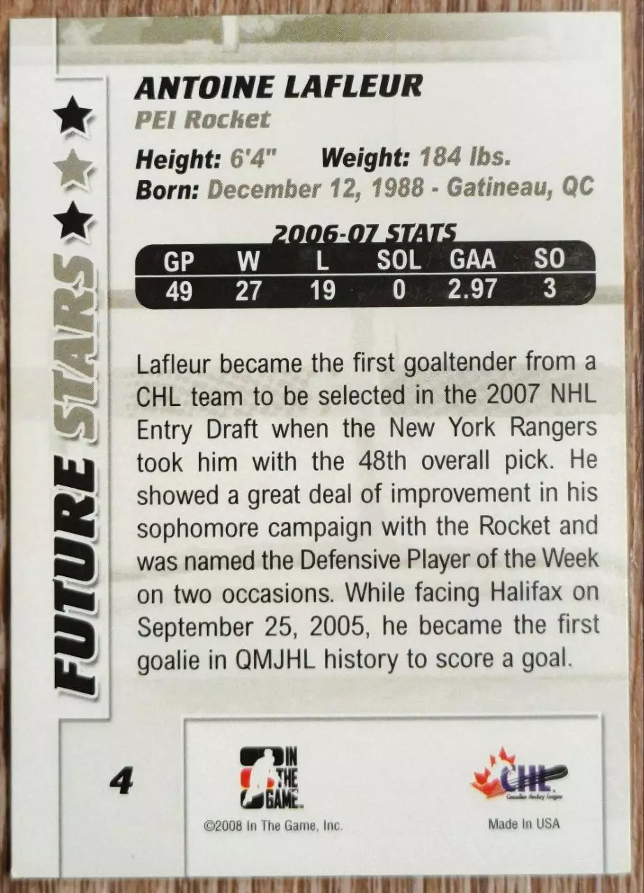Карточка NHL. Антуан Лафлер/Antoine Lafleur Prince Edward Island Rocket 1