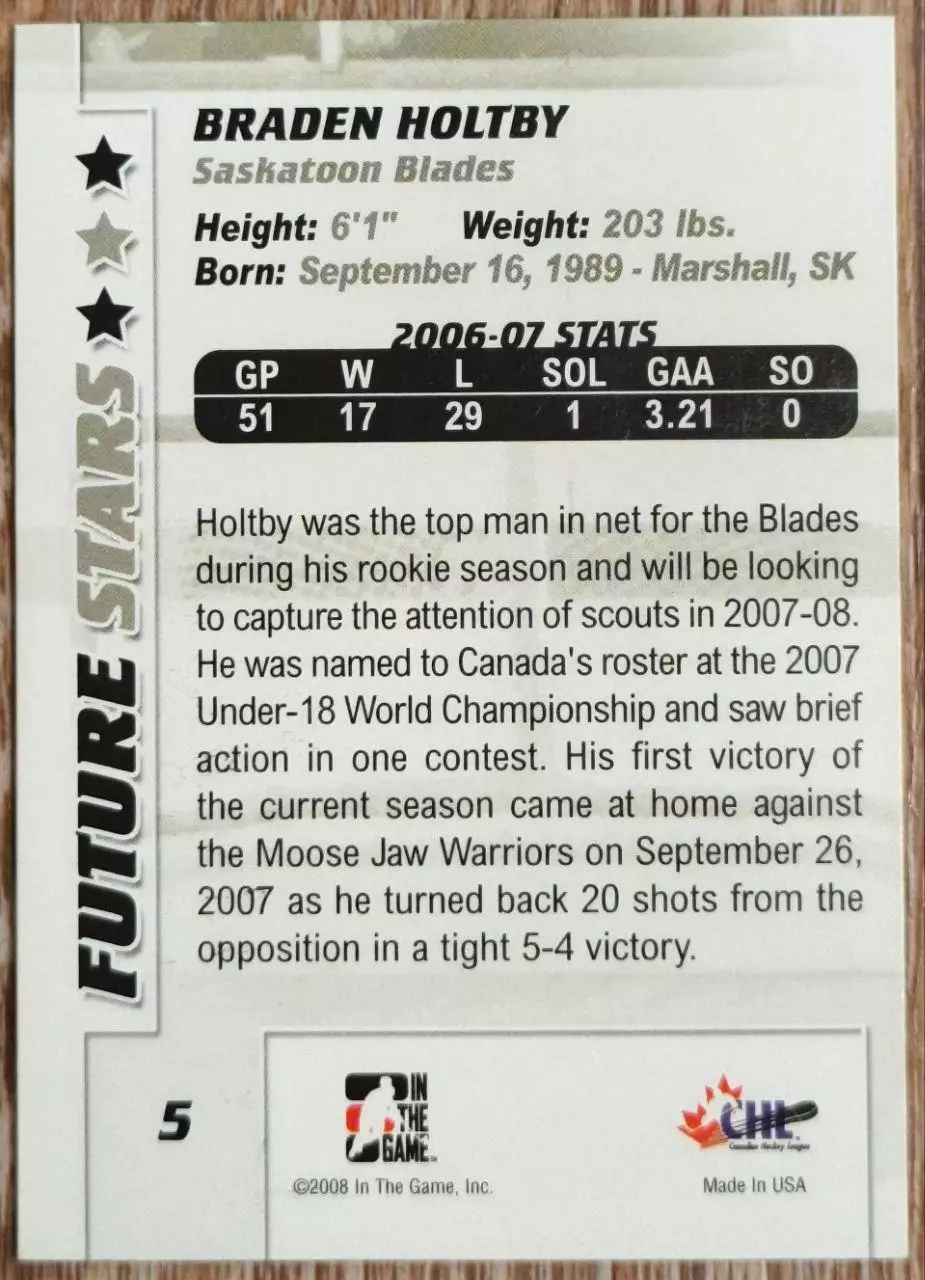 Карточка NHL. Брэйден Холтби/Braden Holtby Саскатун/Saskatoon 1