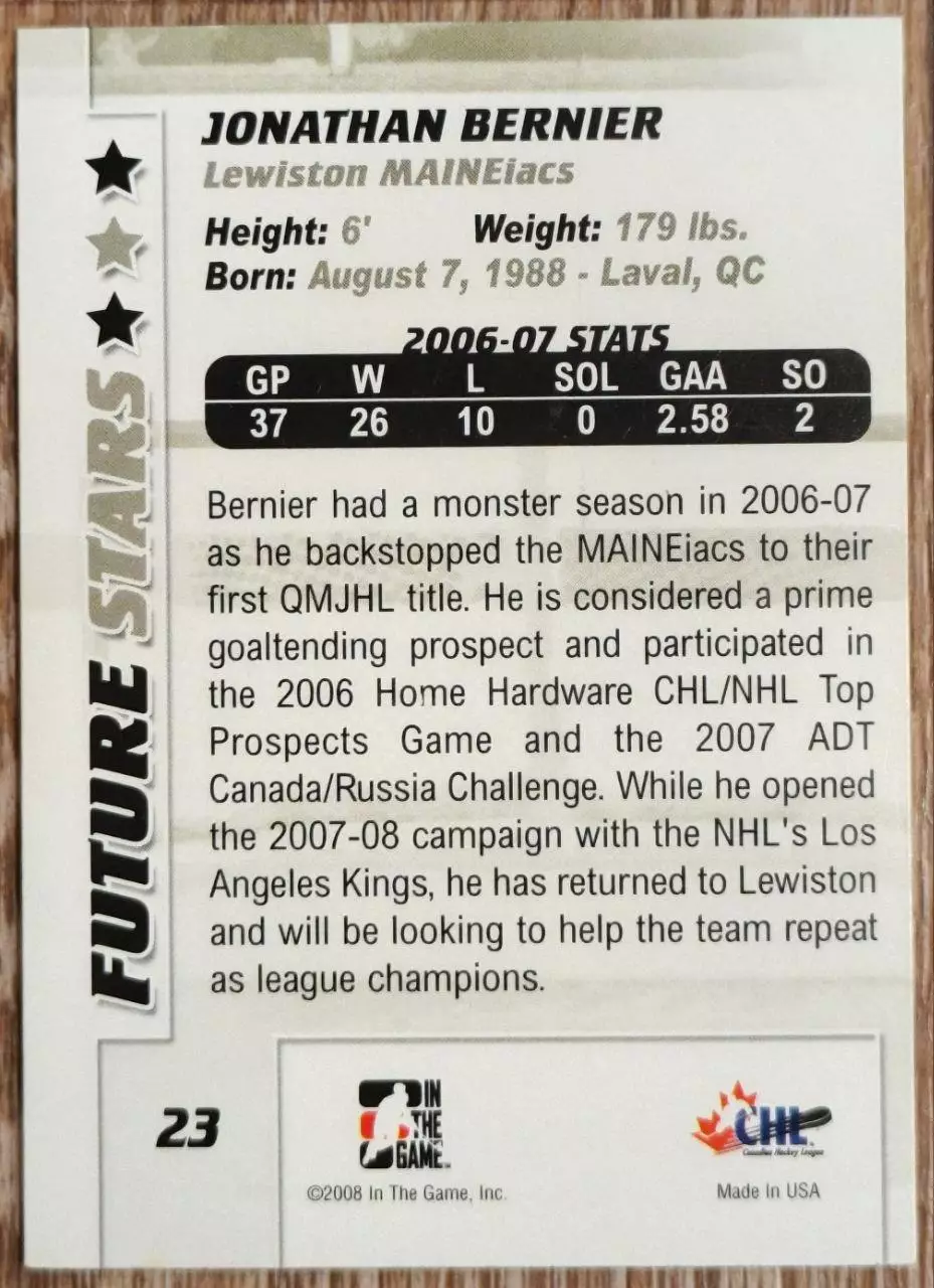 Карточка NHL. Джонатан Бернье/Jonathan Bernier Льюистон/Lewiston 1