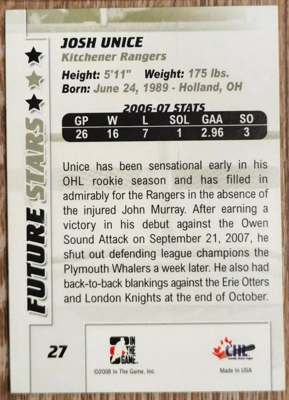 Карточка NHL. Джош Юнис/Josh Unice Китчинер/Kitchener 1