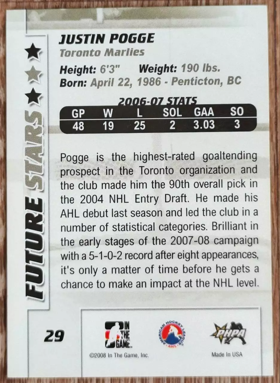 Карточка NHL. Джастин Погге/Justin Pogge Торонто/Toronto 1