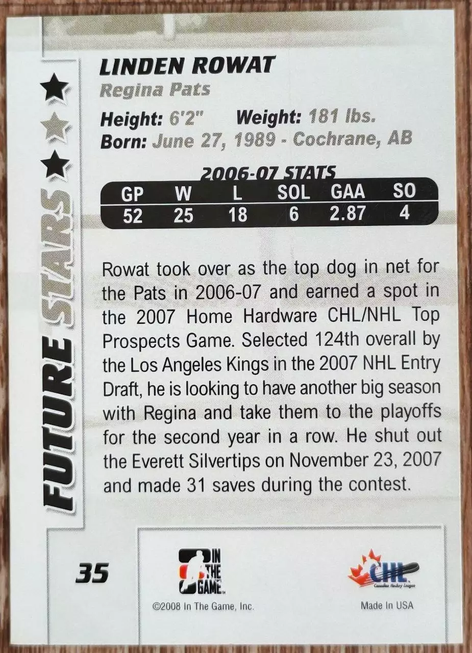 Карточка NHL. Линден Роуэт/Linden Rowat Реджайна/Regina 1