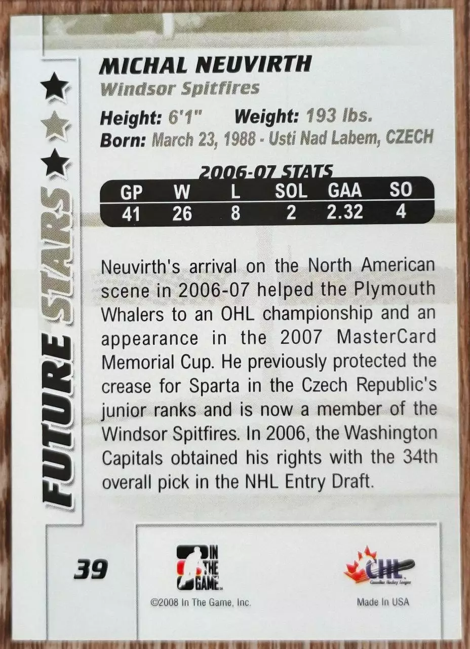 Карточка NHL. Михал Нойвирт/Michal Neuvirth Уинсор/Windsor 1