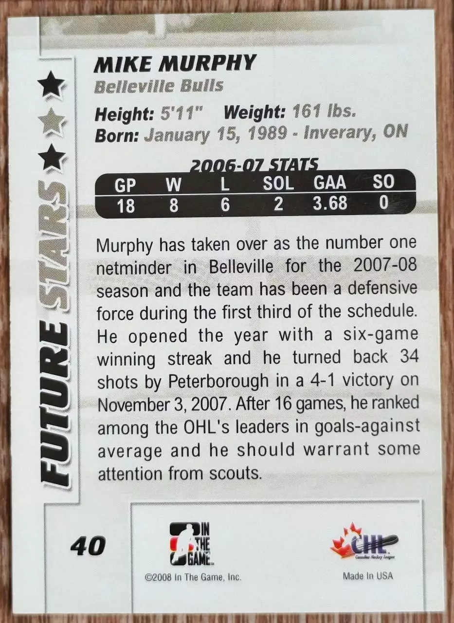 Карточка NHL. Майк Мерфи/Mike Murphy Бельвиль/Belleville 1