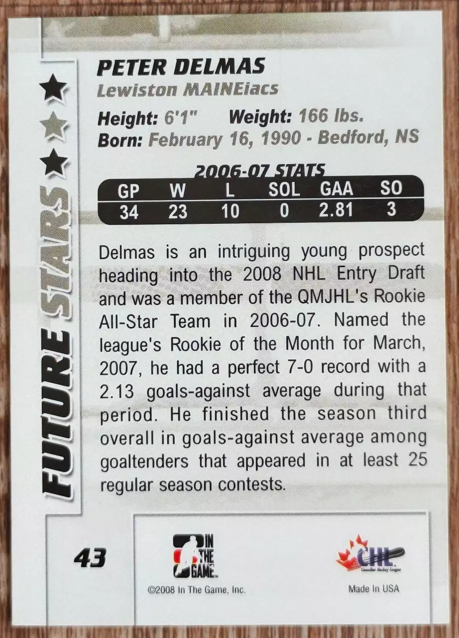 Карточка NHL. Питер Делмас/Peter Delmas Льюистон/Lewiston 1