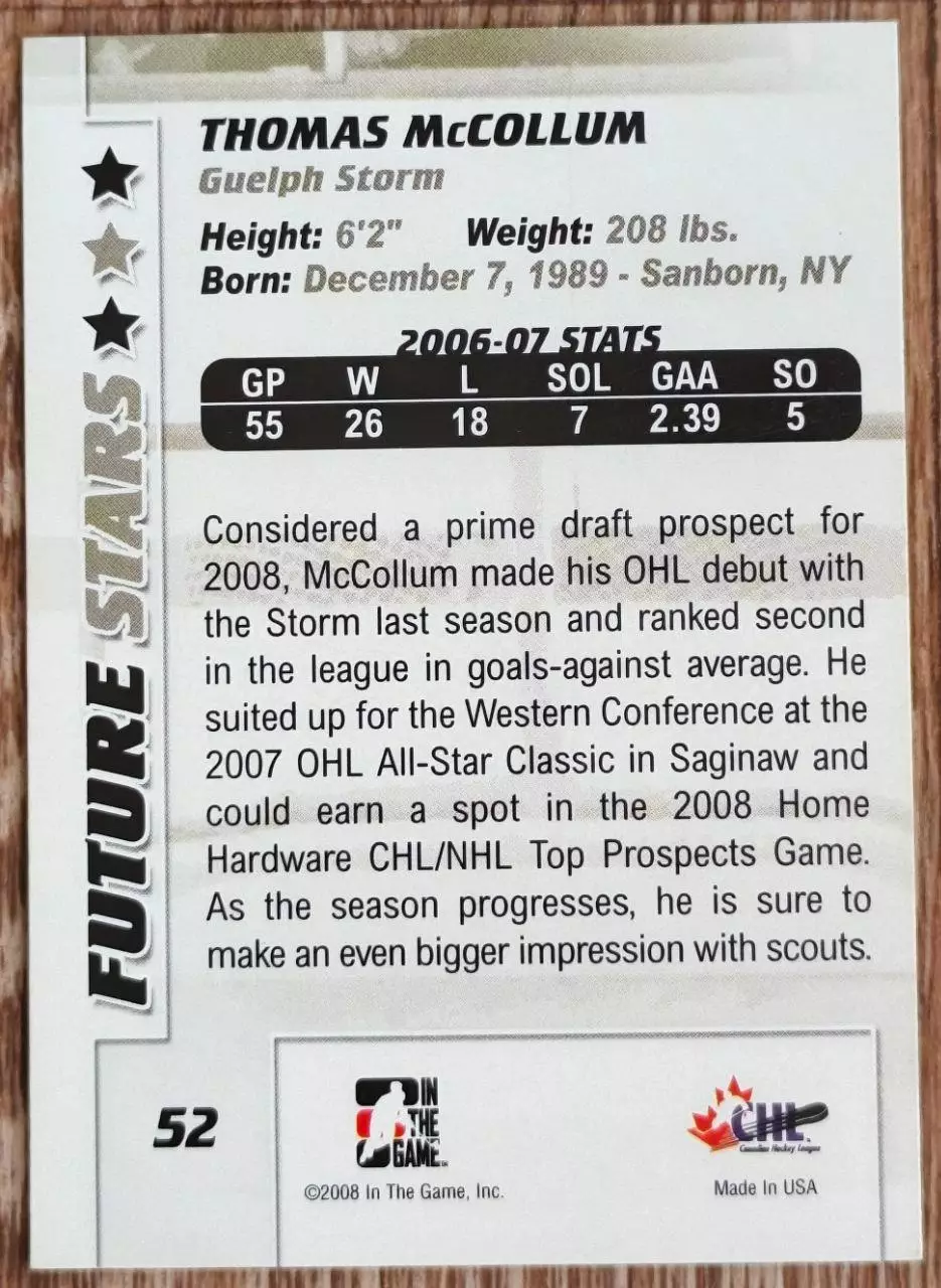 Карточка NHL. Томас Макколлум/Thomas McCollum Гелф/Guelph 1
