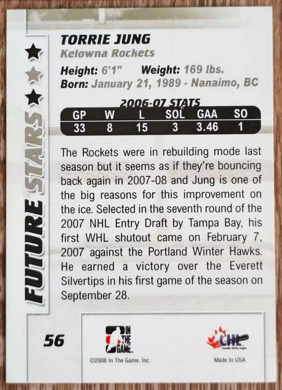 Карточка NHL. Торри Юнг/Torrie Jung Келоуна/Kelowna 1