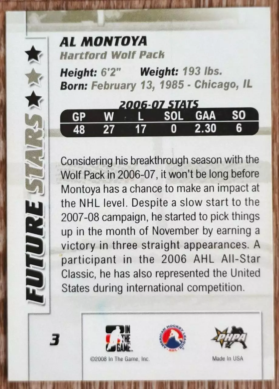 Карточка NHL. Эл Монтойя/Al Montoya Хартфорд/Hartford 1