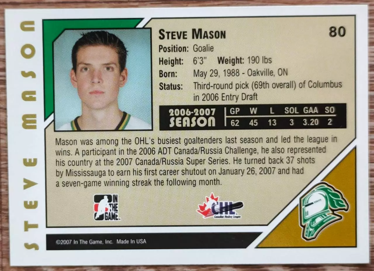 Карточка NHL. Стив Мэйсон/Steve Mason Лондон/London 1